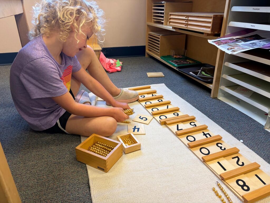 A preschool age child works on the floor on a Montessori teen number board 