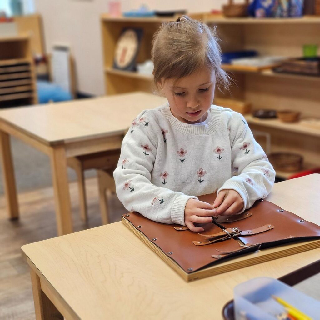child fastening buckles as a practical life activity in a montessori classroom